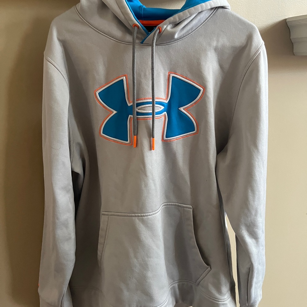 Under Armour Men's Gray Hoodie with Blue and Orange Accents